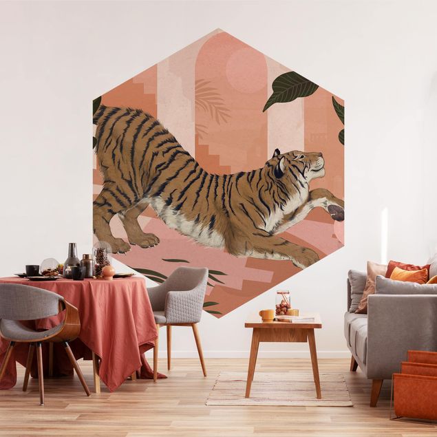 Papiers peints modernes Illustration Tigre dans une peinture rose pastel