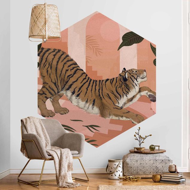 Papier peint animaux forêt Illustration Tigre dans une peinture rose pastel