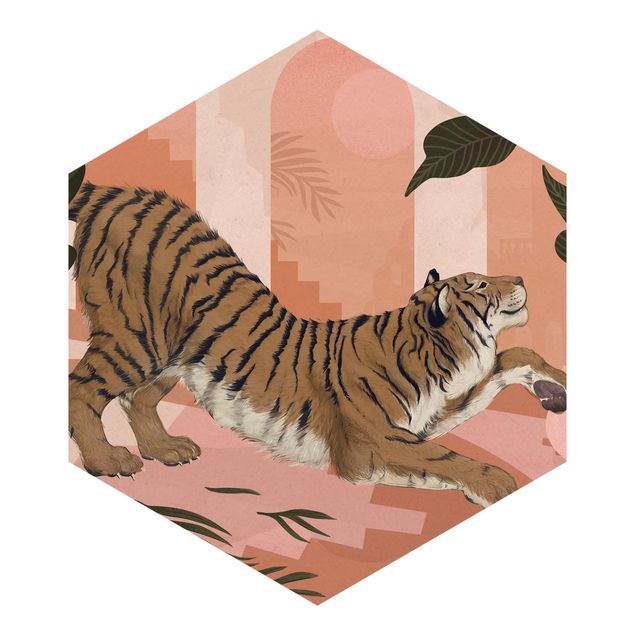 Papiers peints rose Illustration Tigre dans une peinture rose pastel