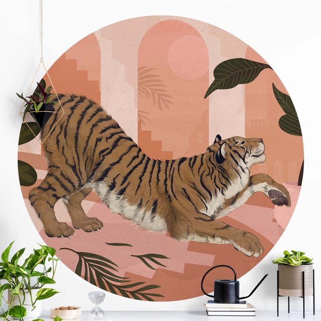 Papier peint rond autocollant - Illustration Tiger In Pastel Pink Painting