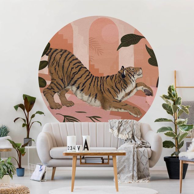 Déco murale cuisine Illustration Tigre dans une peinture rose pastel