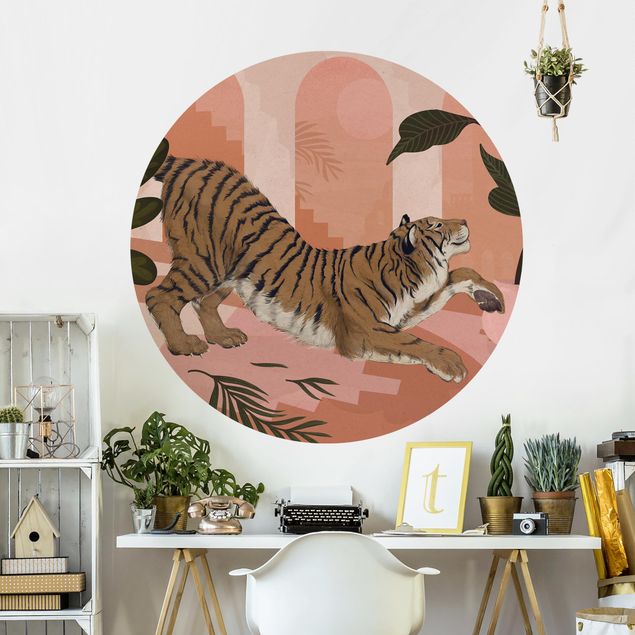 Tapisserie lion Illustration Tigre dans une peinture rose pastel