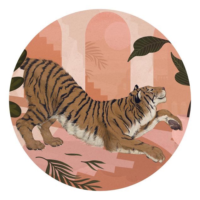 Papier peint animaux forêt Illustration Tigre dans une peinture rose pastel