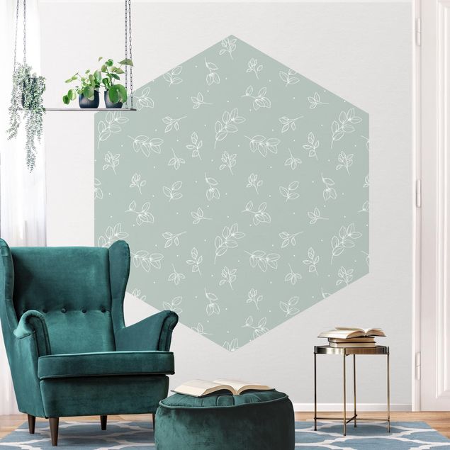 Papier peint floral Illustration - Feuilles Vert Pastel