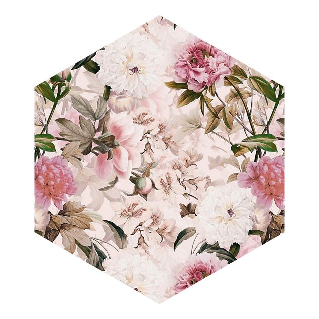 Papier peint hexagonal Pivoines illustrées en rose clair