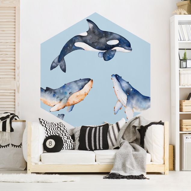 Papier peint animaux Baleine Illustrée à l'Aquarelle
