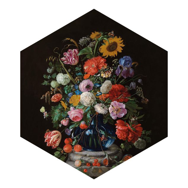 Papier peint panoramique hexagonal Jan Davidsz de Heem - Des tulipes, un tournesol, un iris et d'autres fleurs dans un vase en verre sur le socle en marbre d'une colonne