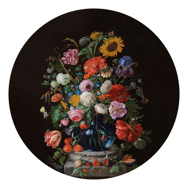 Papier peint moderne Jan Davidsz de Heem - Des tulipes, un tournesol, un iris et d'autres fleurs dans un vase en verre sur le socle en marbre d'une colonne