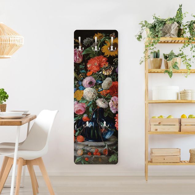 Porte-manteaux muraux avec fleurs Jan Davidsz de Heem - Des tulipes, un tournesol, un iris et d'autres fleurs dans un vase en verre sur le socle en marbre d'une colonne