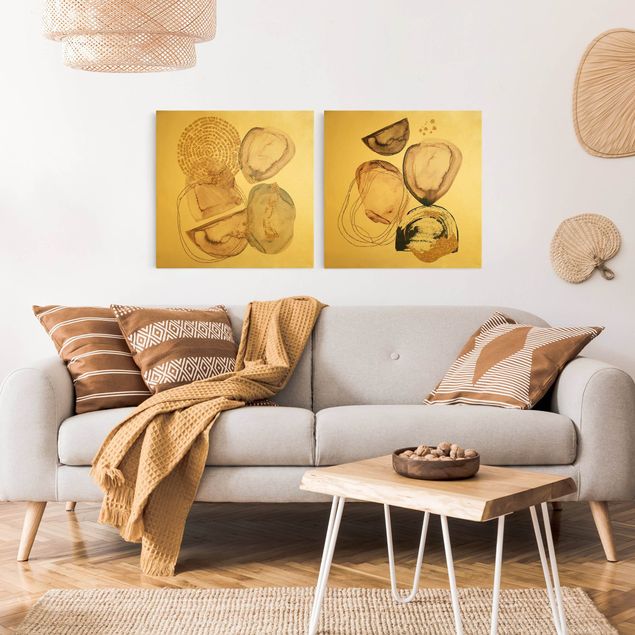 Toile abstraite Formes aquarelle Japandi en or