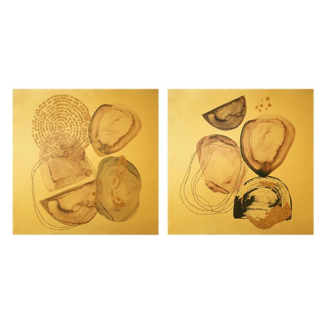 Tableaux toile Formes aquarelle Japandi en or