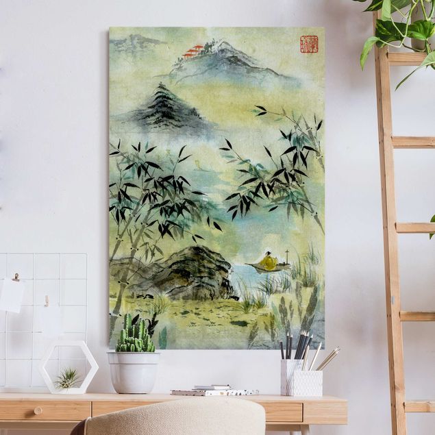 Tableaux paysage Dessin aquarelle japonaise Forêt de bambous