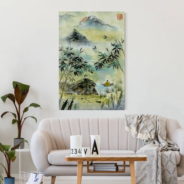 Tableaux montagnes Dessin aquarelle japonaise Forêt de bambous