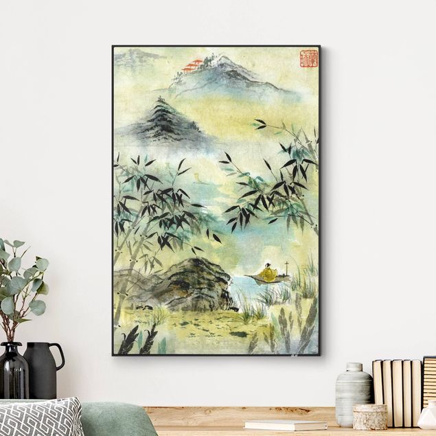 Tableau paysage Dessin aquarelle japonaise Forêt de bambous