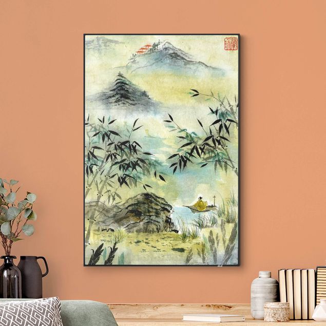Tableau montagnes Dessin aquarelle japonaise Forêt de bambous