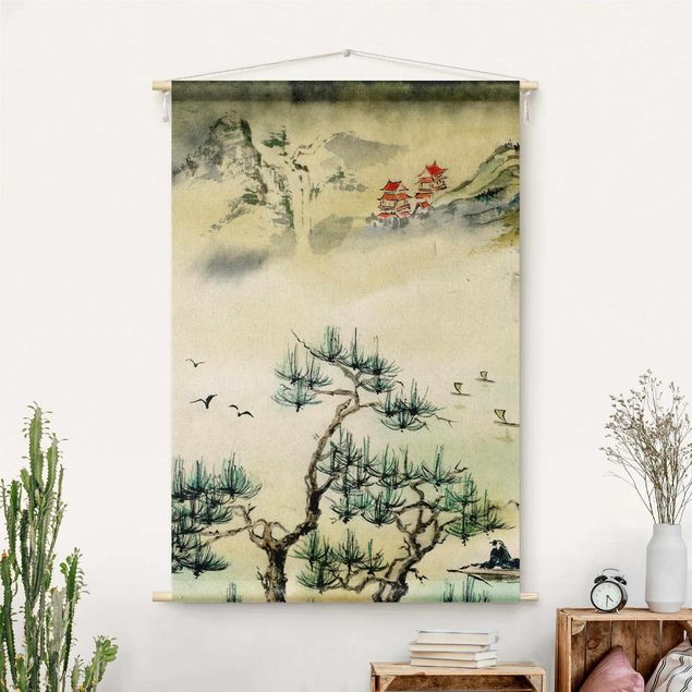 Déco mur cuisine Japanese Watercolour Drawing Pine Tree And Mountain Village