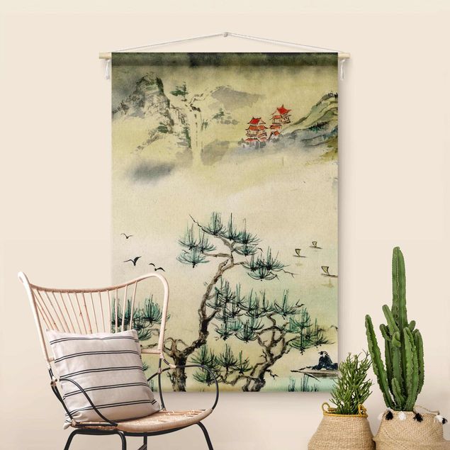 Tableau arbre Japanese Watercolour Drawing Pine Tree And Mountain Village