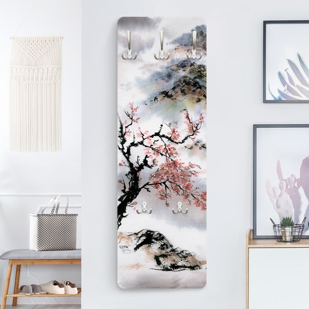 Porte-manteaux muraux avec fleurs Dessin aquarelle japonais Cerisier et montagnes
