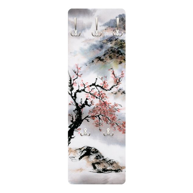 Porte manteau mural gris Dessin aquarelle japonais Cerisier et montagnes