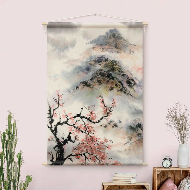 Tableau arbre Japanese Watercolour Drawing Cherry Tree And Mountain