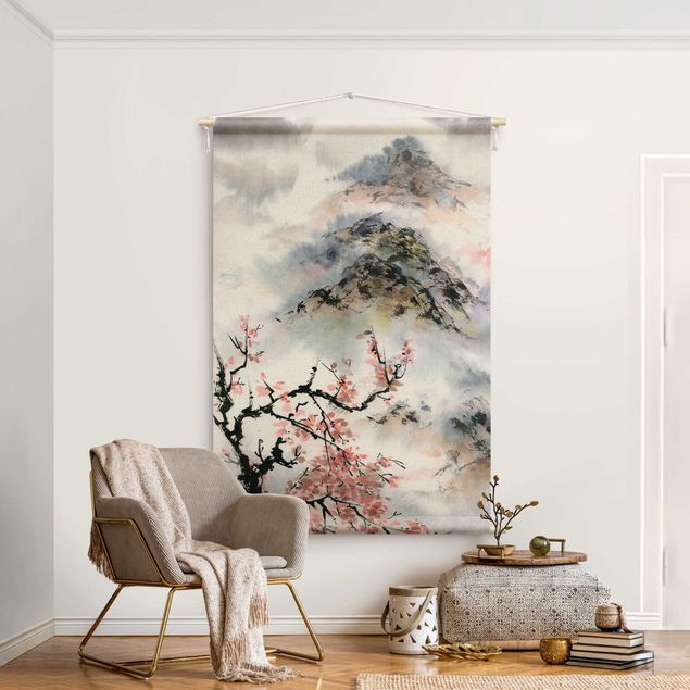 Tableau paysages Japanese Watercolour Drawing Cherry Tree And Mountain
