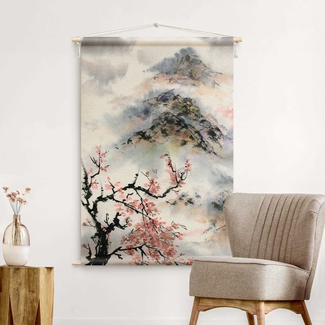 Tableau montagne Japanese Watercolour Drawing Cherry Tree And Mountain