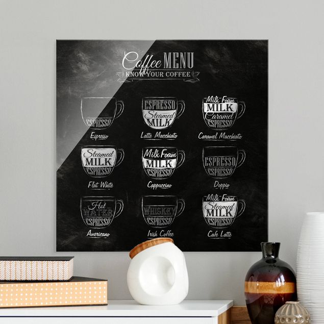 Tableaux en verre noir et blanc Tableau des variétés de café