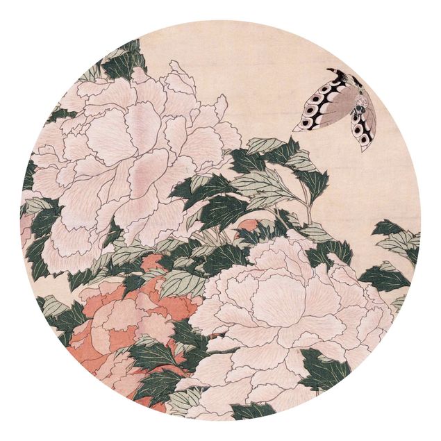 Décoration artistique Katsushika Hokusai - Pivoines roses avec papillon