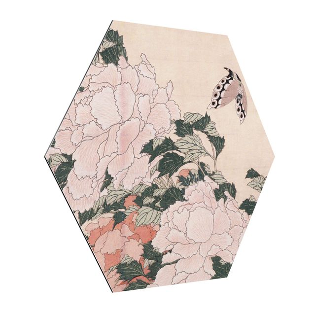 tableaux floraux Katsushika Hokusai - Pink Peonies With Butterfly