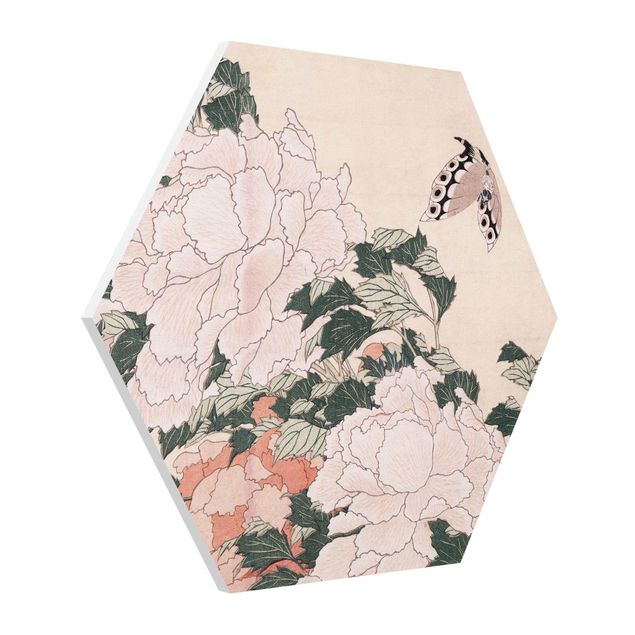 Tableaux fleurs Katsushika Hokusai - Pink Peonies With Butterfly
