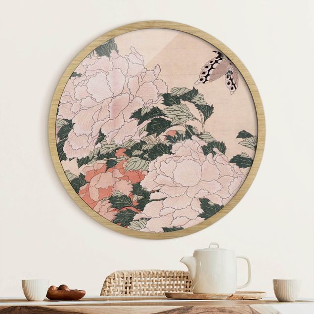 Tableau papillon Katsushika Hokusai - Pivoines roses avec papillon