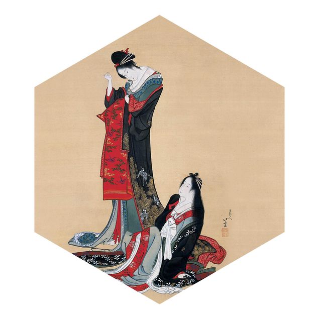 Tapisserie beige Katsushika Hokusai - Deux courtisanes