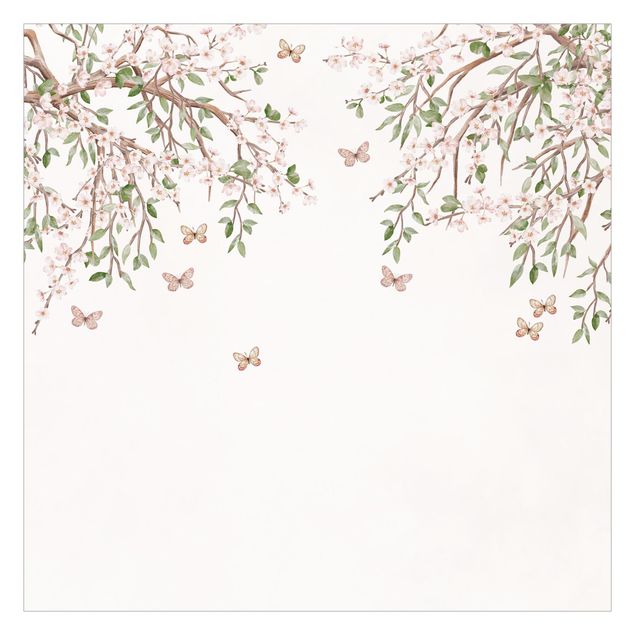 Papier peint animaux forêt Les fleurs de cerisier dans le jeu d'ailes des papillons