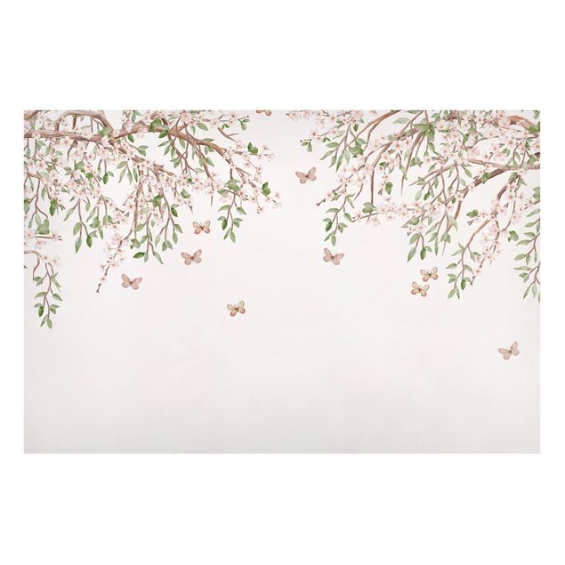Déco murale cuisine Les fleurs de cerisier dans le jeu d'ailes des papillons