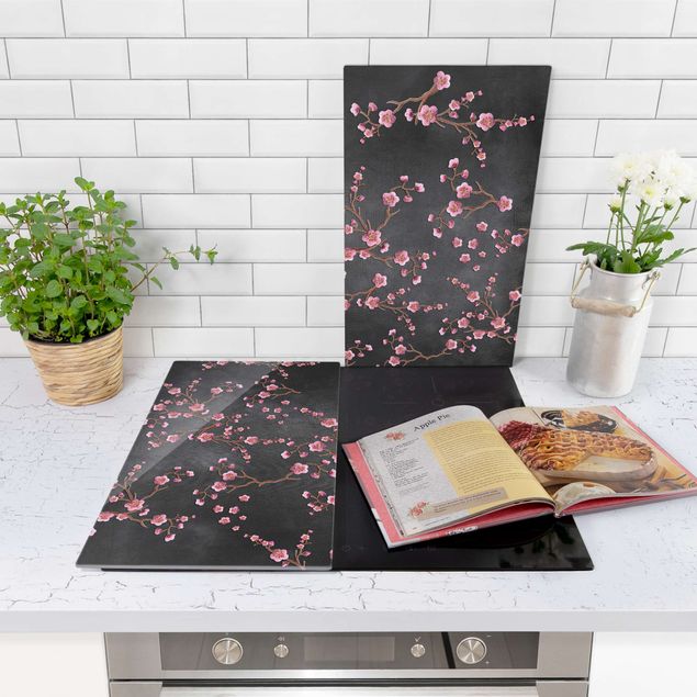 Cache plaques de cuisson fleurs Cerisier en fleur sur noir