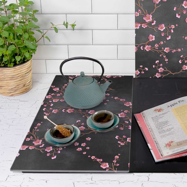 Protection plaque de cuisson Cerisier en fleur sur noir