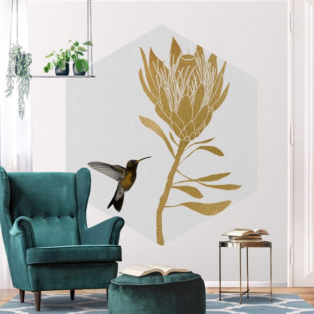 Papier peint moderne Colibri et fleur d'or tropicale