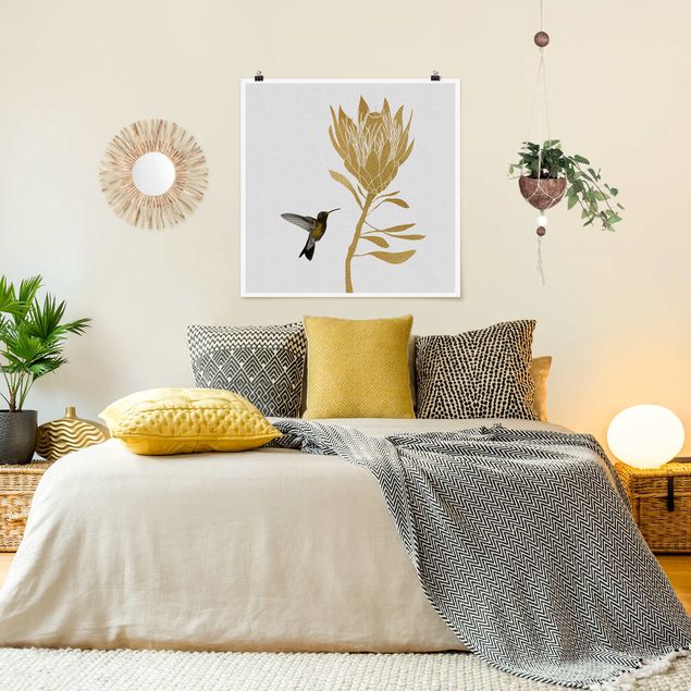 Tableaux moderne Colibri et fleur d'or tropicale