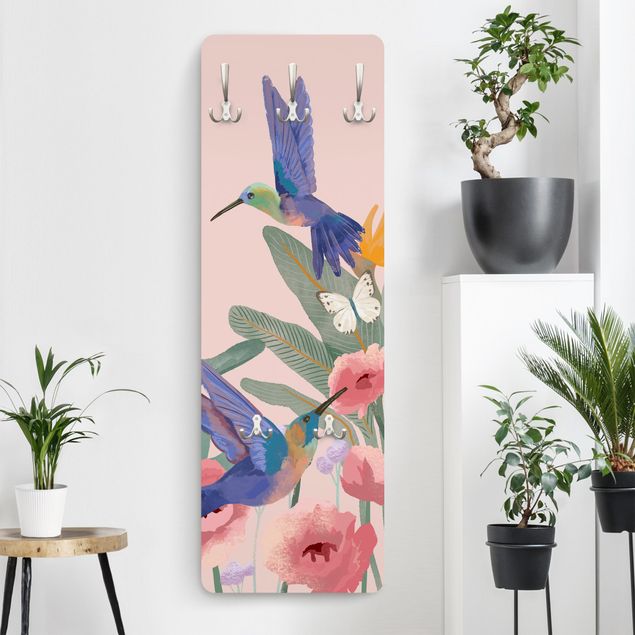 Porte-manteaux muraux avec fleurs Hummingbirds and pink blossoms