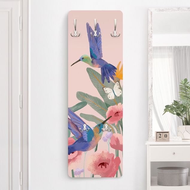 Porte manteau mural animal Hummingbirds and pink blossoms