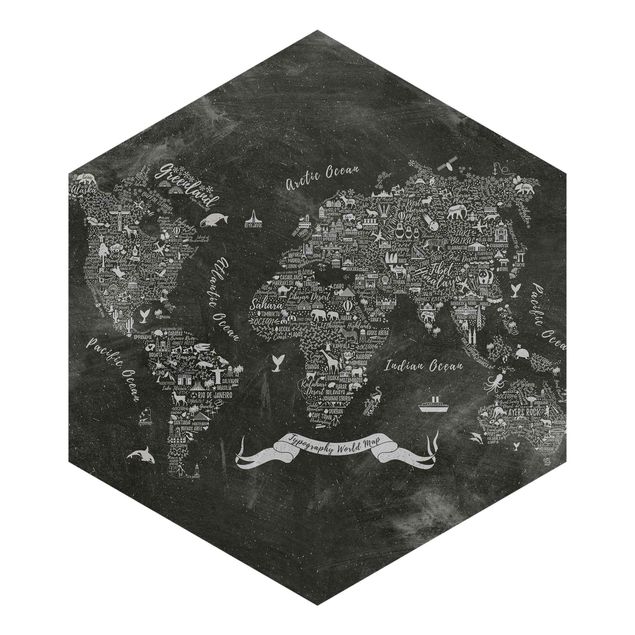 Papier peint hexagonal autocollant avec dessins - Chalk Typography World Map