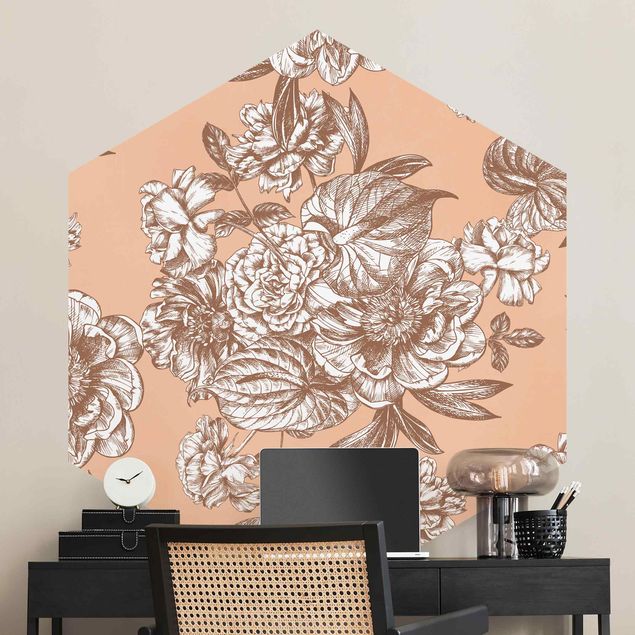 Papier peint moderne Bouquet de fleurs gravé sur cuivre
