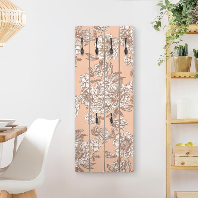 Porte-manteaux muraux avec dessins Bouquet de fleurs gravé sur cuivre