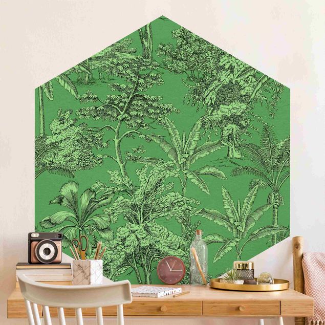 Papier peint moderne Impression de Gravure sur Cuivre - Palmiers Tropicaux en Vert