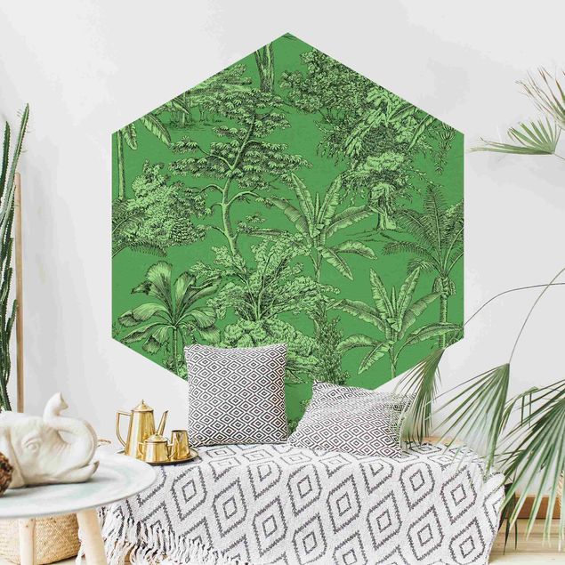 Papier peint fleurs Impression de Gravure sur Cuivre - Palmiers Tropicaux en Vert