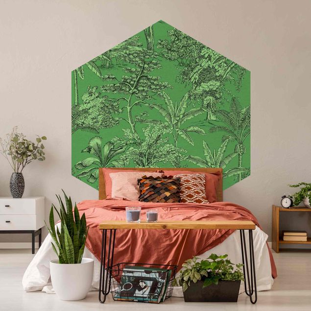 Papier peint à motifs Impression de Gravure sur Cuivre - Palmiers Tropicaux en Vert