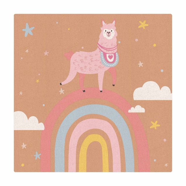 Tapis en liège - Lama On Rainbow With Stars And Dots - Carré 1:1