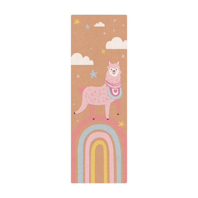 tapis grande taille Lama sur un arc-en-ciel avec des étoiles et des points
