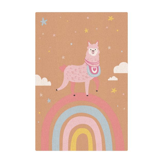 Tapis en liège - Lama On Rainbow With Stars And Dots - Format portrait 2:3