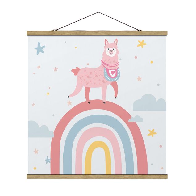 Tableau animaux Lama sur un arc-en-ciel avec des étoiles et des points